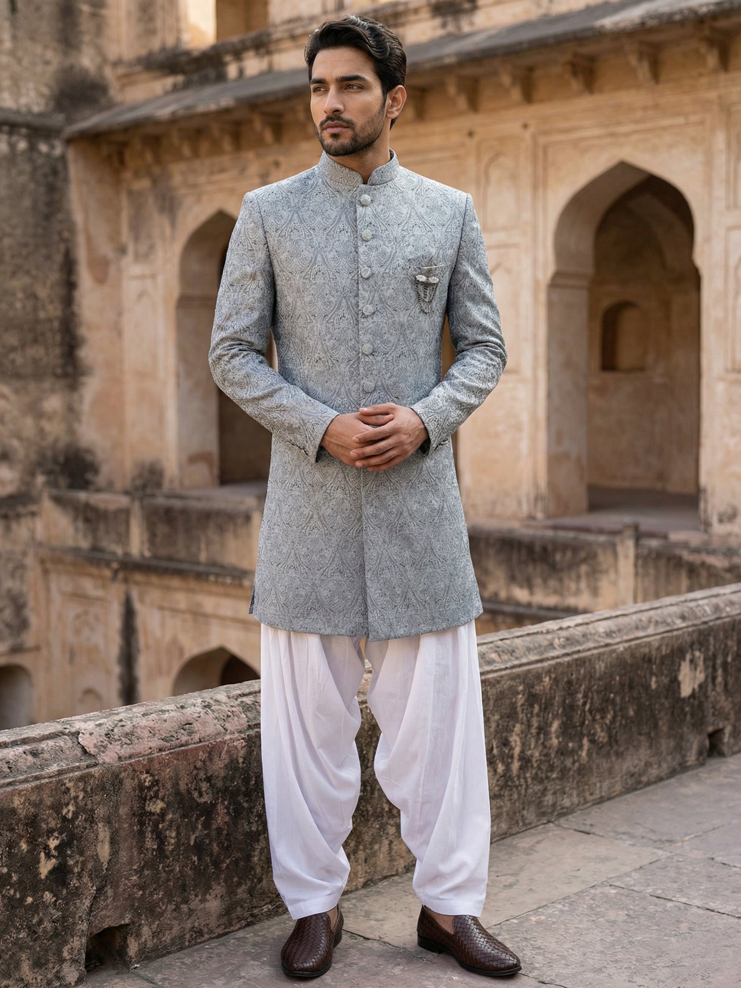 DesiQlo Men Self Design Indo Western Set - Grey - 50JIND_S7W_168Grey_S