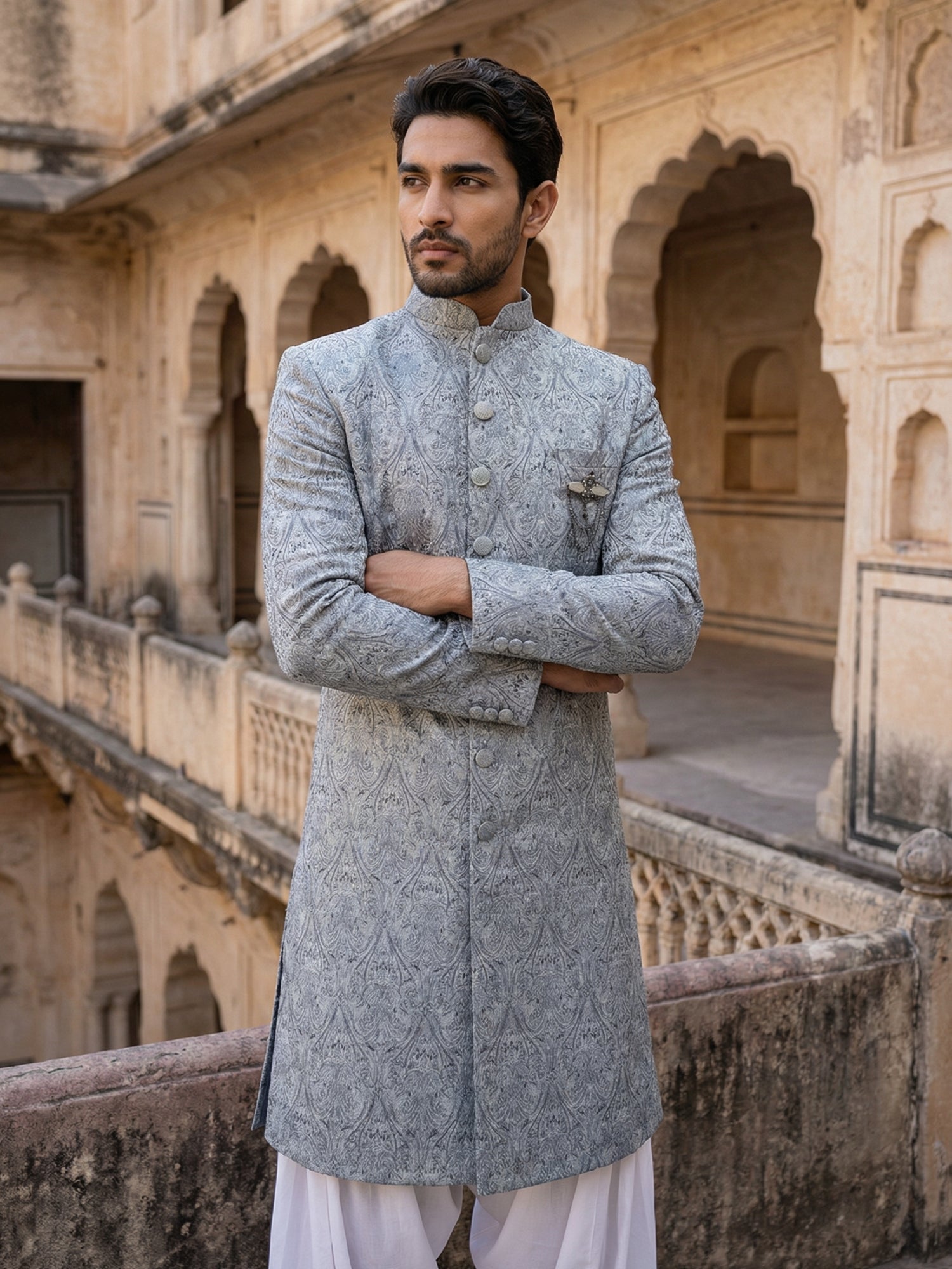 DesiQlo Men Self Design Indo Western Set - Grey - 50JIND_S7W_168Grey_S