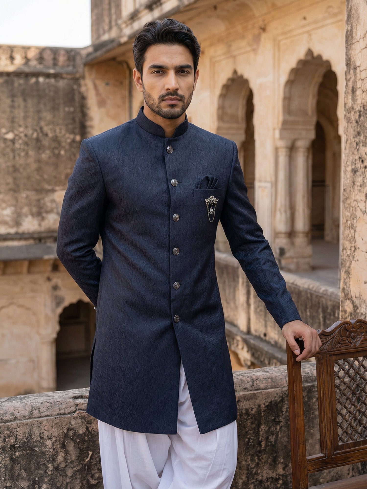 DesiQlo Men Embroidered Indo Western Set - Blue - 50JIND_S7W_171Navy_S