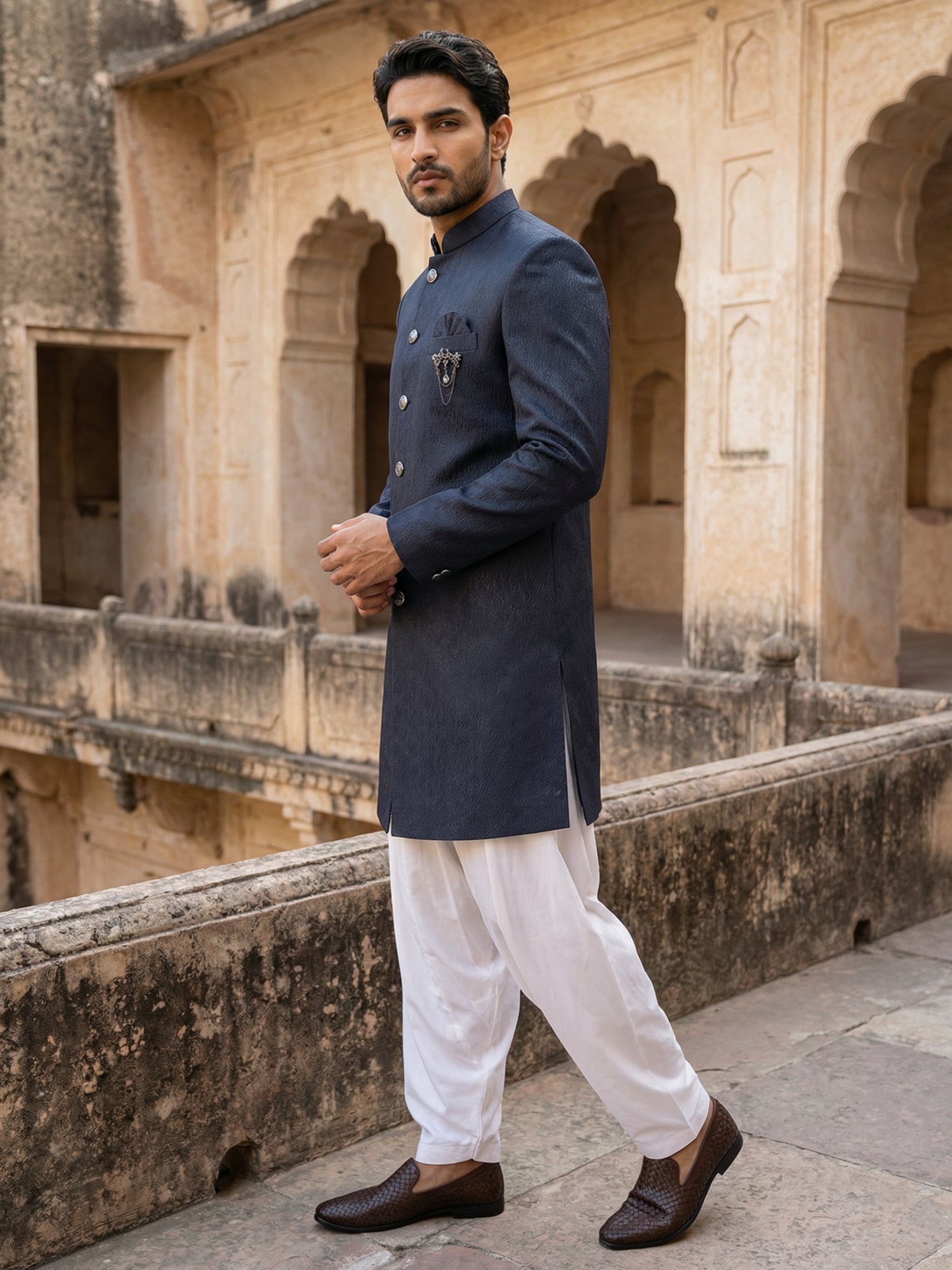 DesiQlo Men Embroidered Indo Western Set - Blue - 50JIND_S7W_171Navy_S