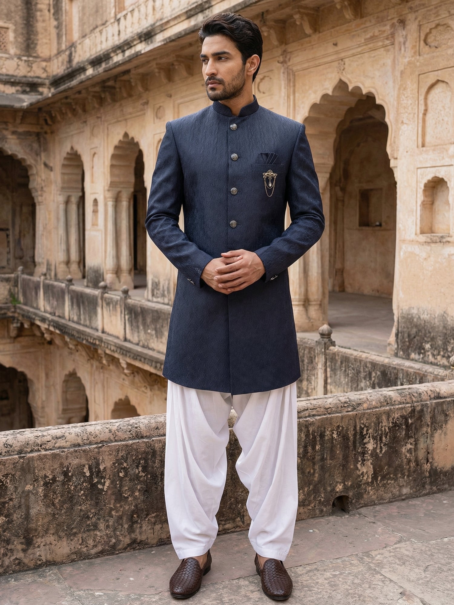 DesiQlo Men Embroidered Indo Western Set - Blue - 50JIND_S7W_171Navy_S