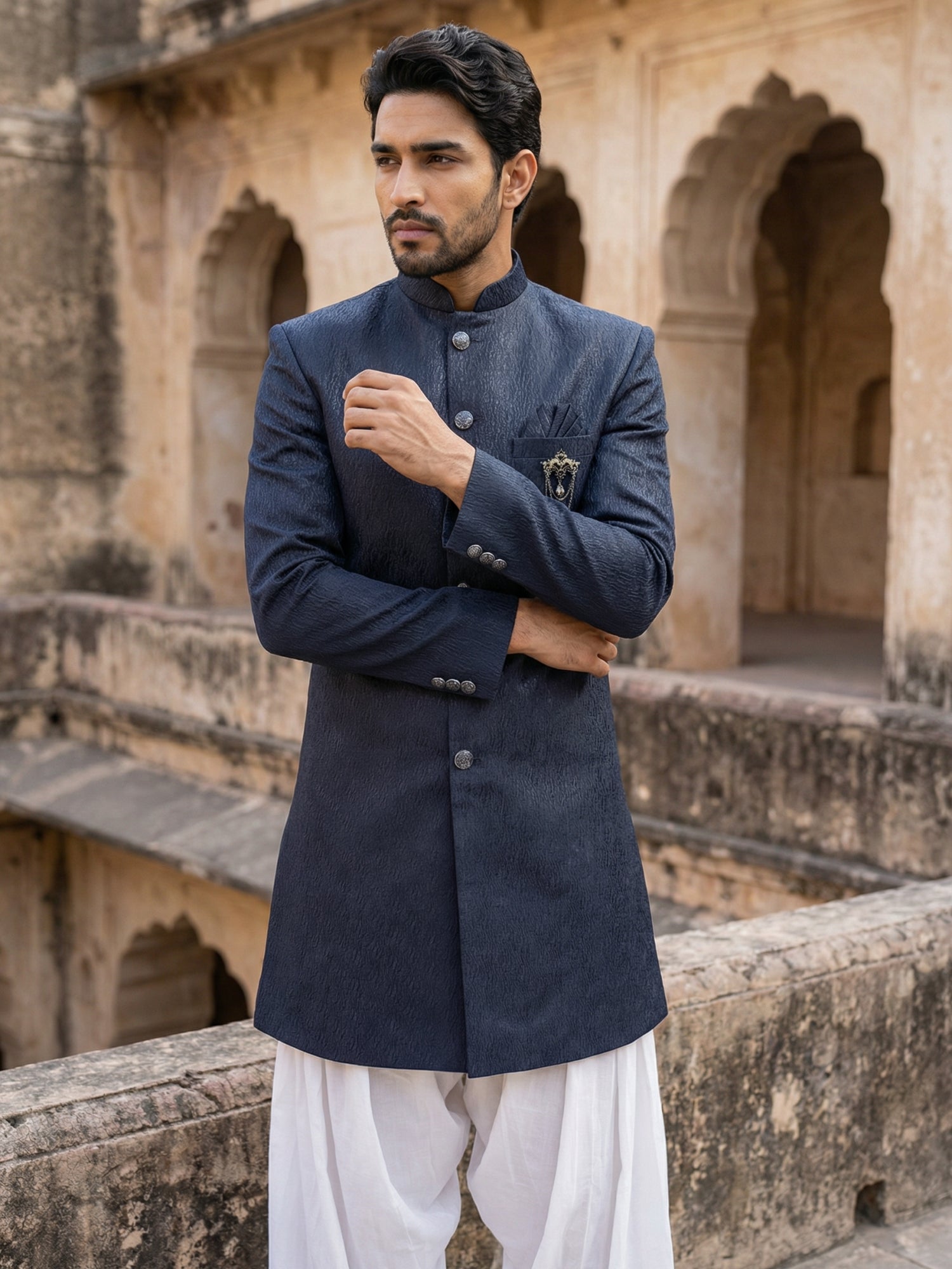 DesiQlo Men Embroidered Indo Western Set - Blue - 50JIND_S7W_171Navy_S