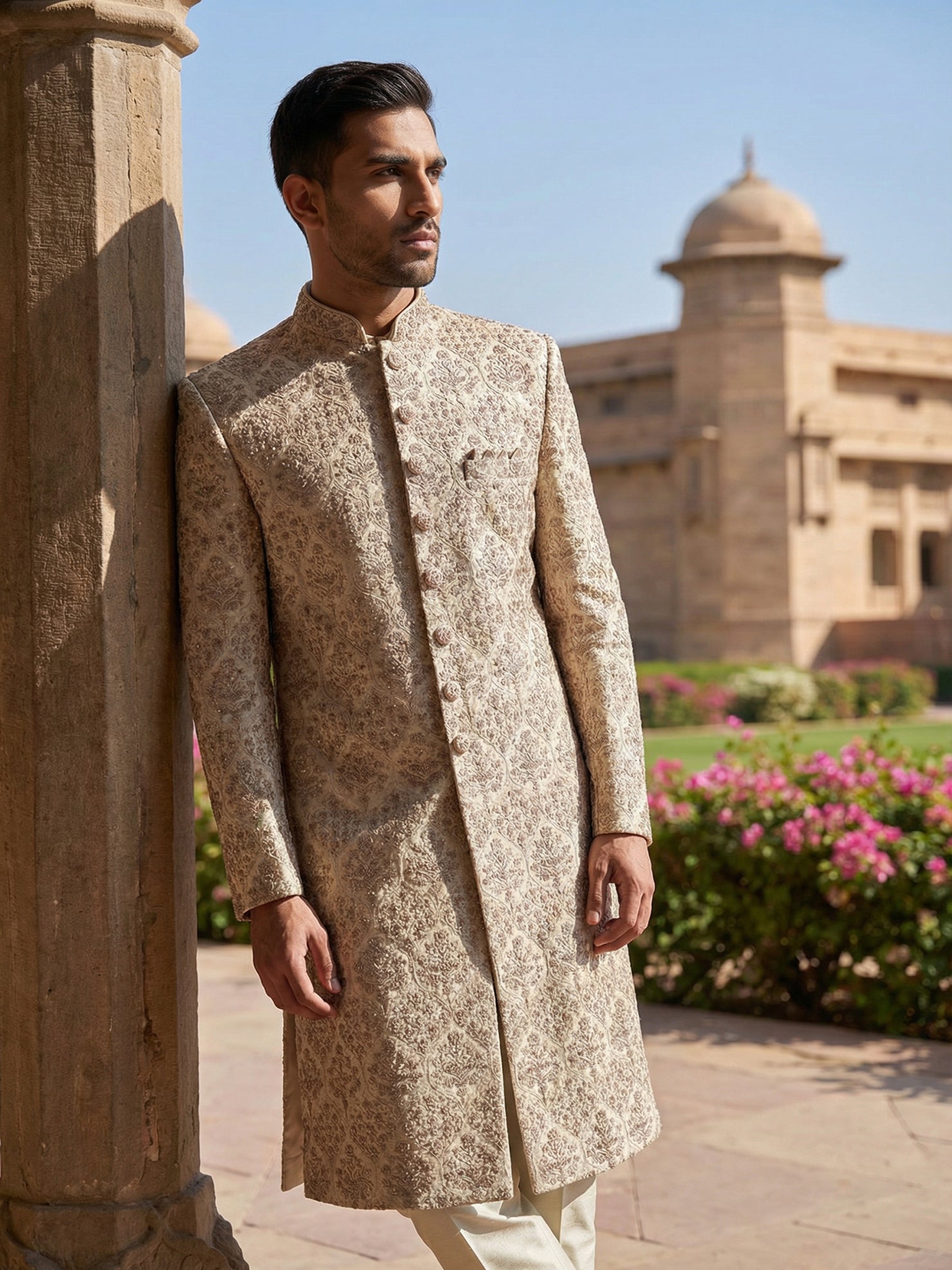 DesiQlo Men Embroidered Indo Western Set - Gold - 50JSH_101Golden_M