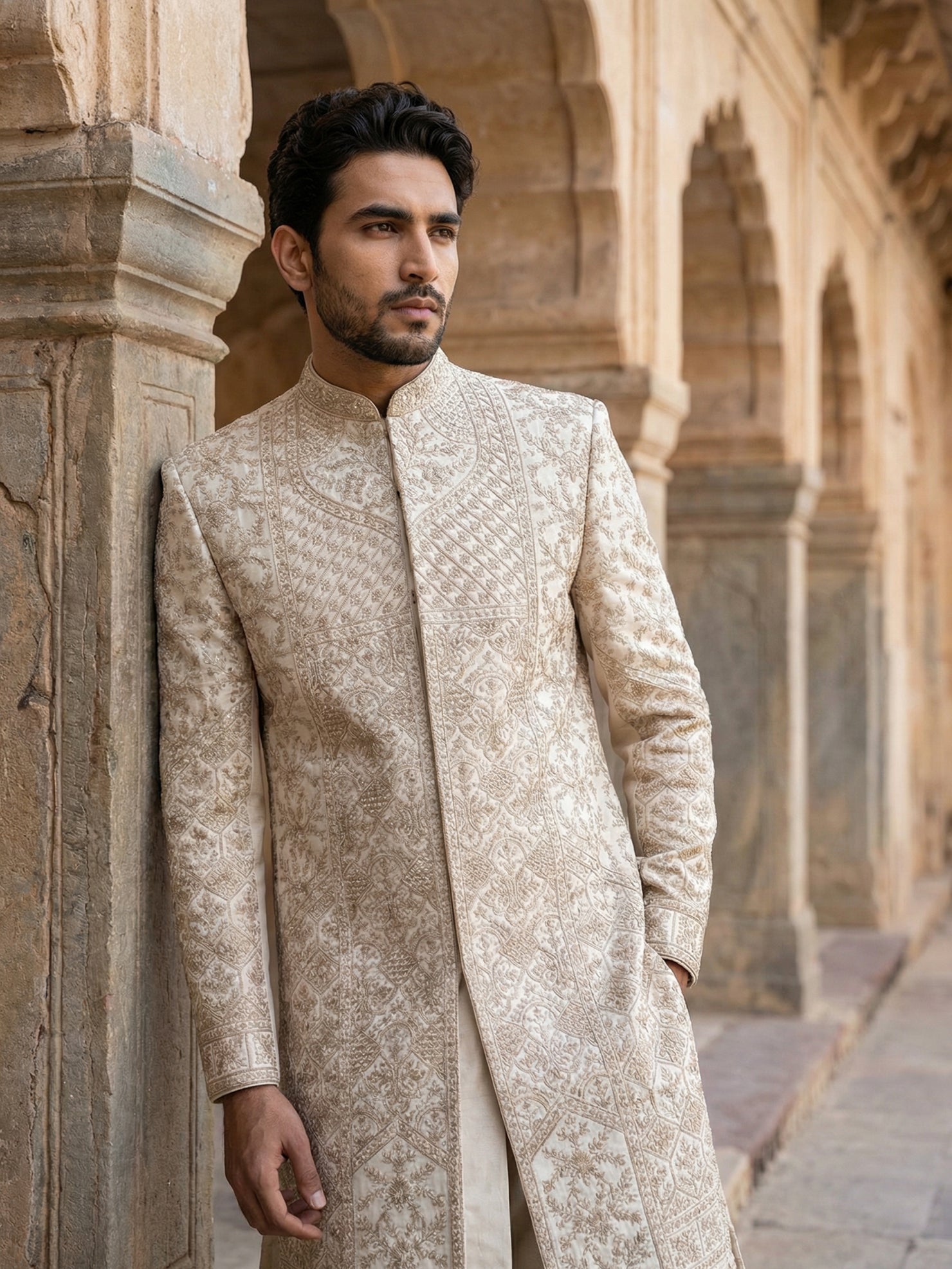 DesiQlo Men Embroidered Indo Western Set - Gold - 50JSH_102Golden_L