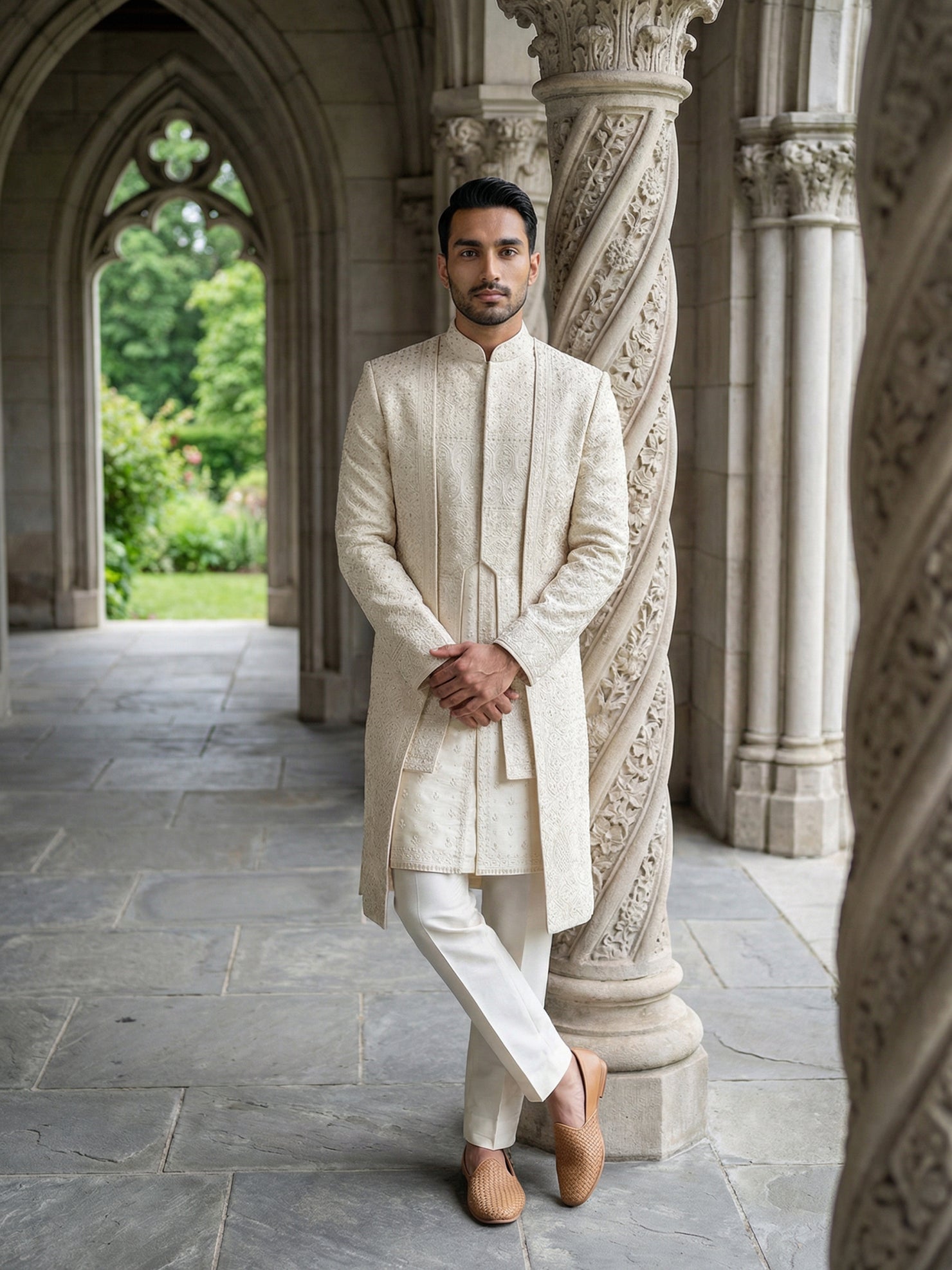 DesiQlo Men Embroidered Indo Western Set - Beige - 50JSH_103Cream_M