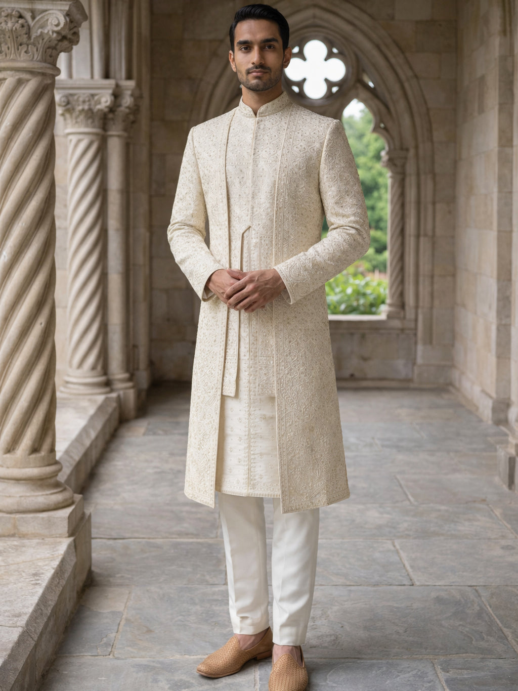 DesiQlo Men Embroidered Indo Western Set - Beige - 50JSH_103Cream_M