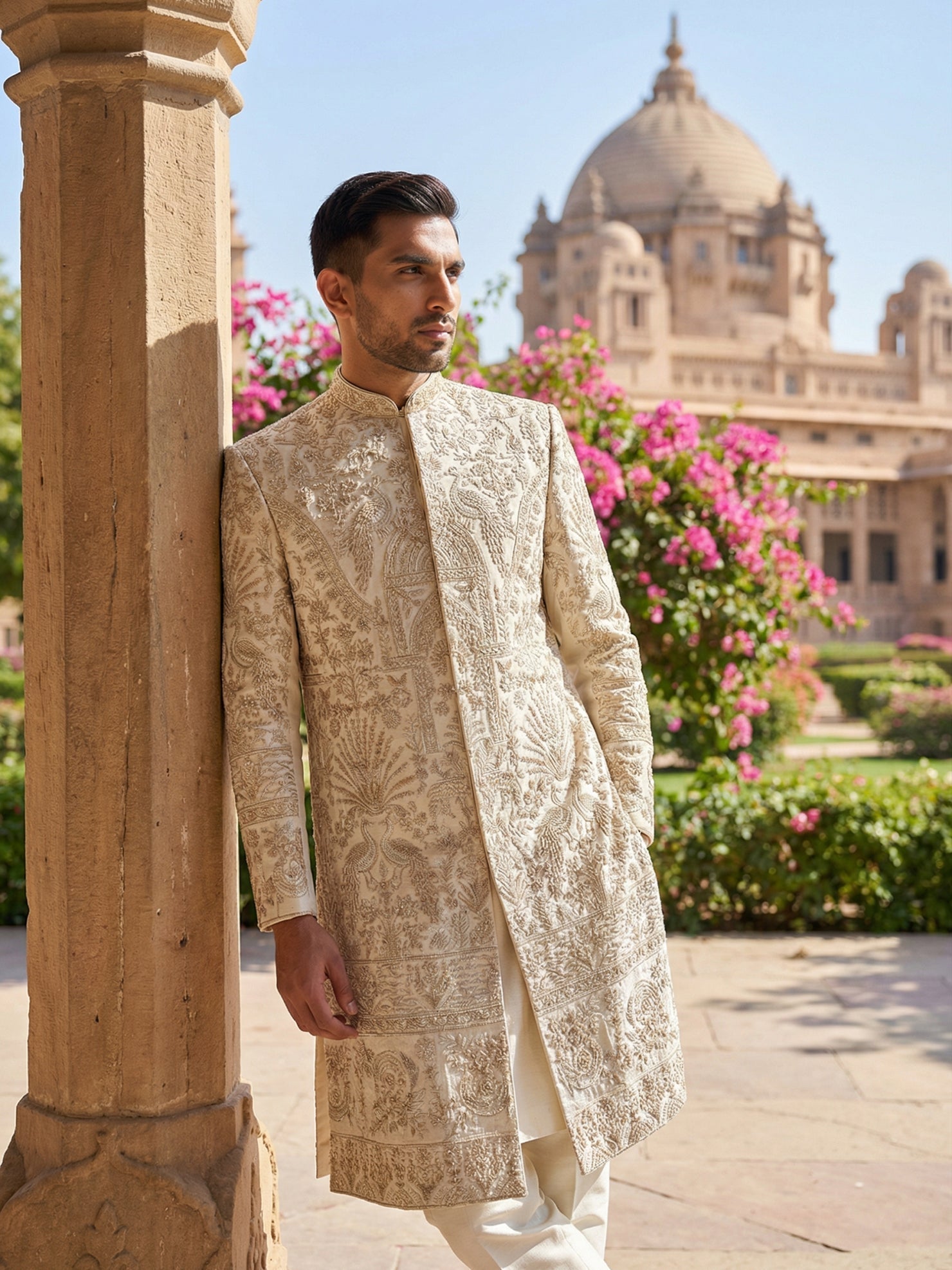 DesiQlo Men Embroidered Indo Western Set - Beige - 50JSH_104Cream_S