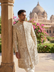 Traditional Zari Work Ivory Sherwani Set ( 50JSH 104Cream S )
