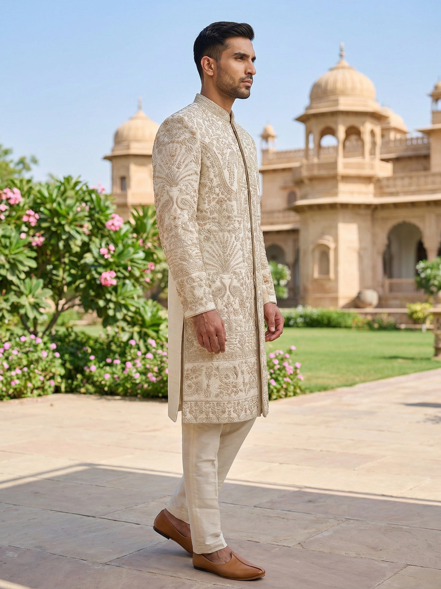 DesiQlo Men Embroidered Indo Western Set - Beige - 50JSH_104Cream_S
