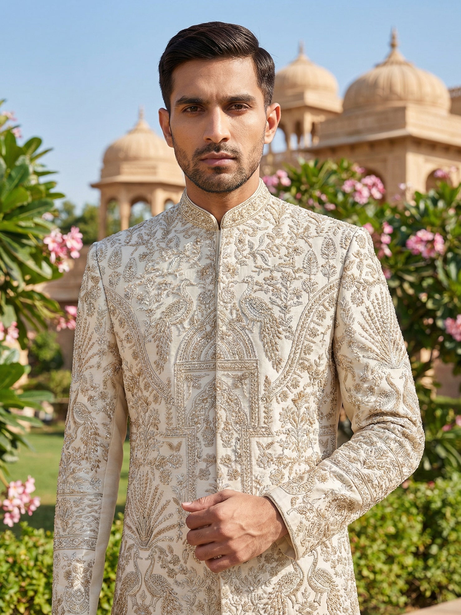 DesiQlo Men Embroidered Indo Western Set - Beige - 50JSH_104Cream_S