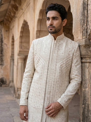 Silk Blend Heavy Embroidered Sherwani Set ( 50JSH 105Cream S )
