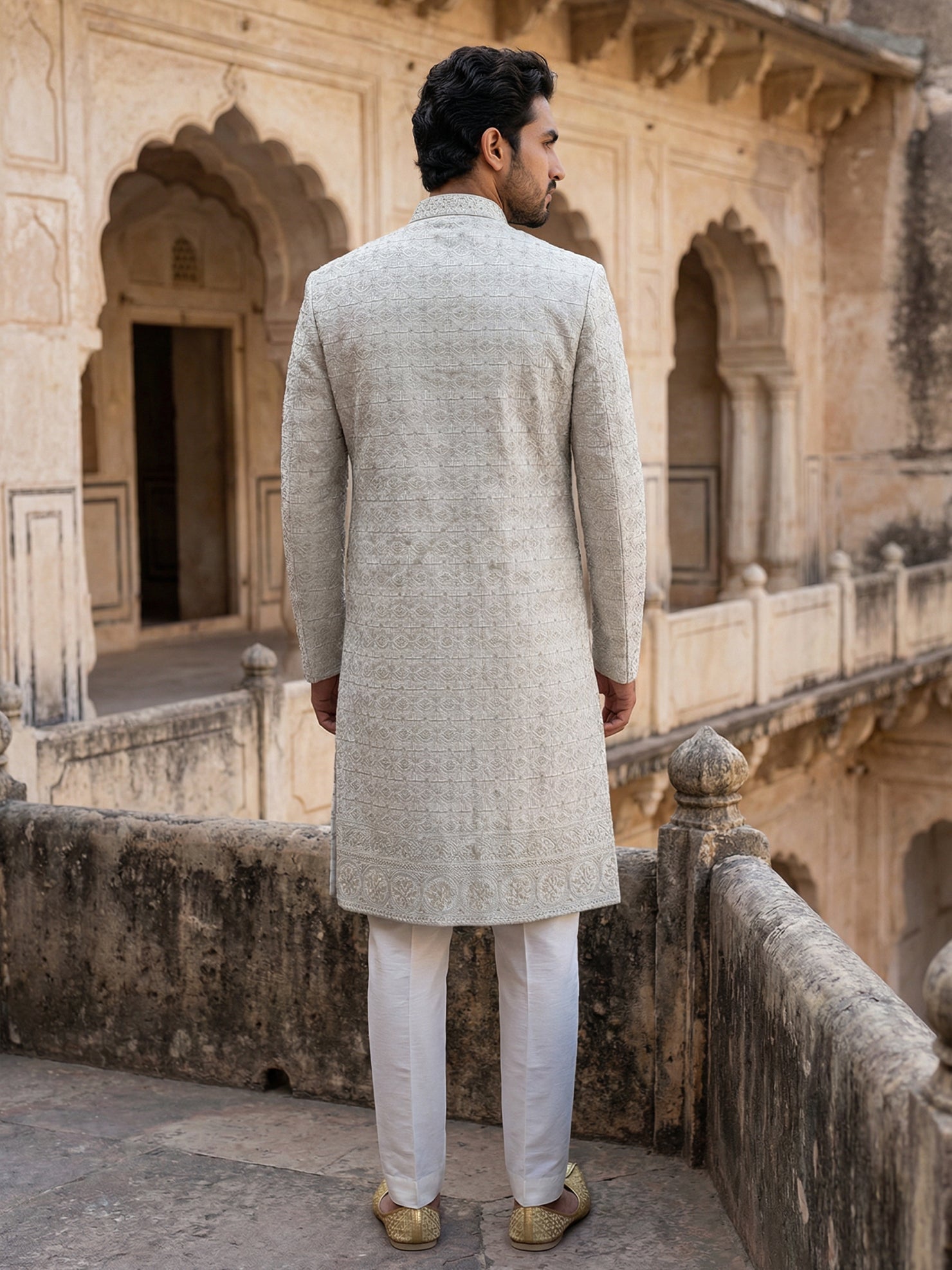 DesiQlo Men Embroidered Indo Western Set - Beige - 50JSH_105Cream_S
