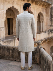 Silk Blend Heavy Embroidered Sherwani Set ( 50JSH 105Cream S )