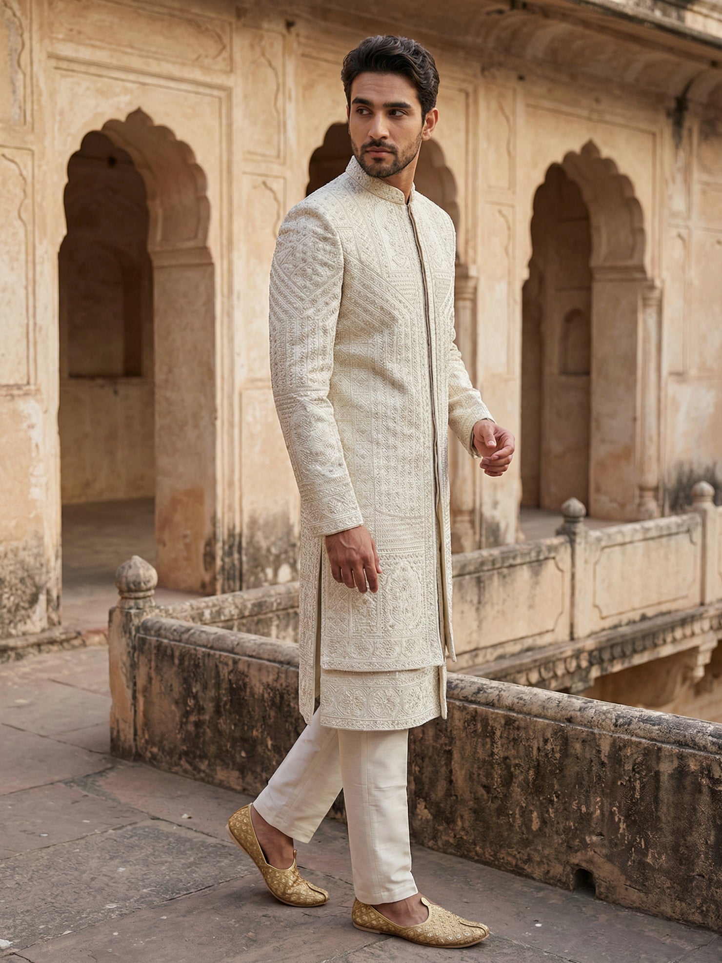 DesiQlo Men Embroidered Indo Western Set - Beige - 50JSH_105Cream_S