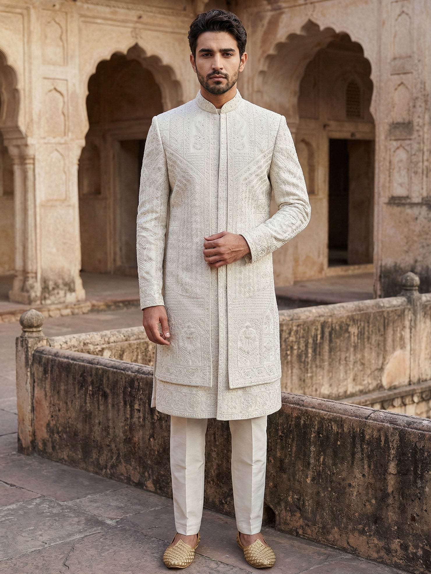 DesiQlo Men Embroidered Indo Western Set - Beige - 50JSH_105Cream_S