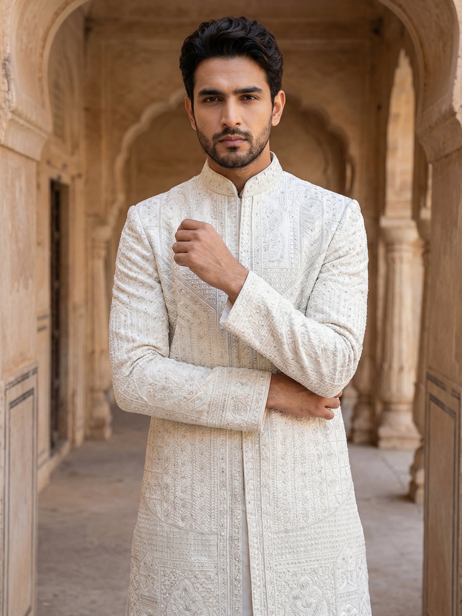 DesiQlo Men Embroidered Indo Western Set - Beige - 50JSH_105Cream_S
