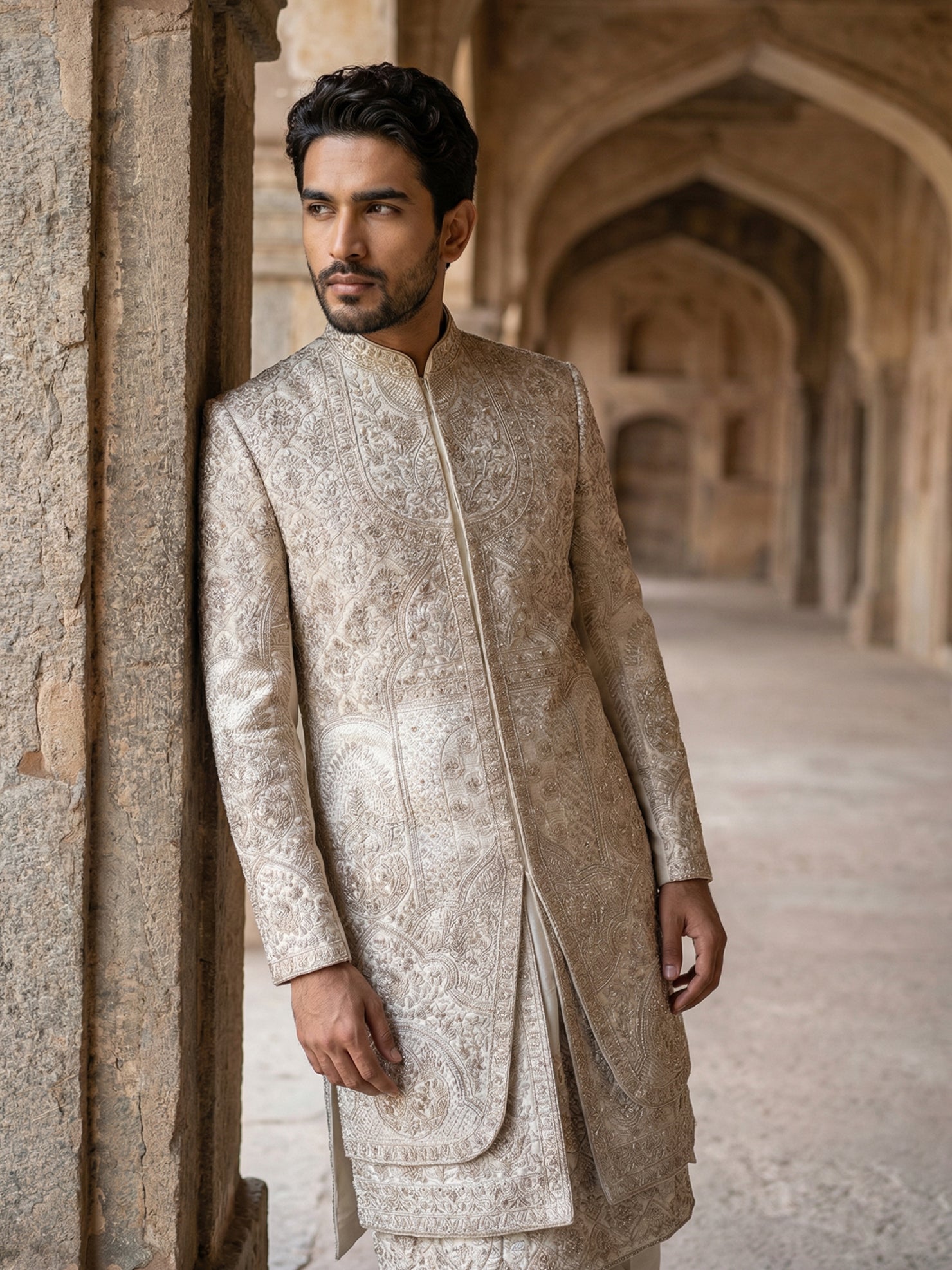 DesiQlo Men Embroidered Indo Western Set - Beige - 50JSH_106Cream_L
