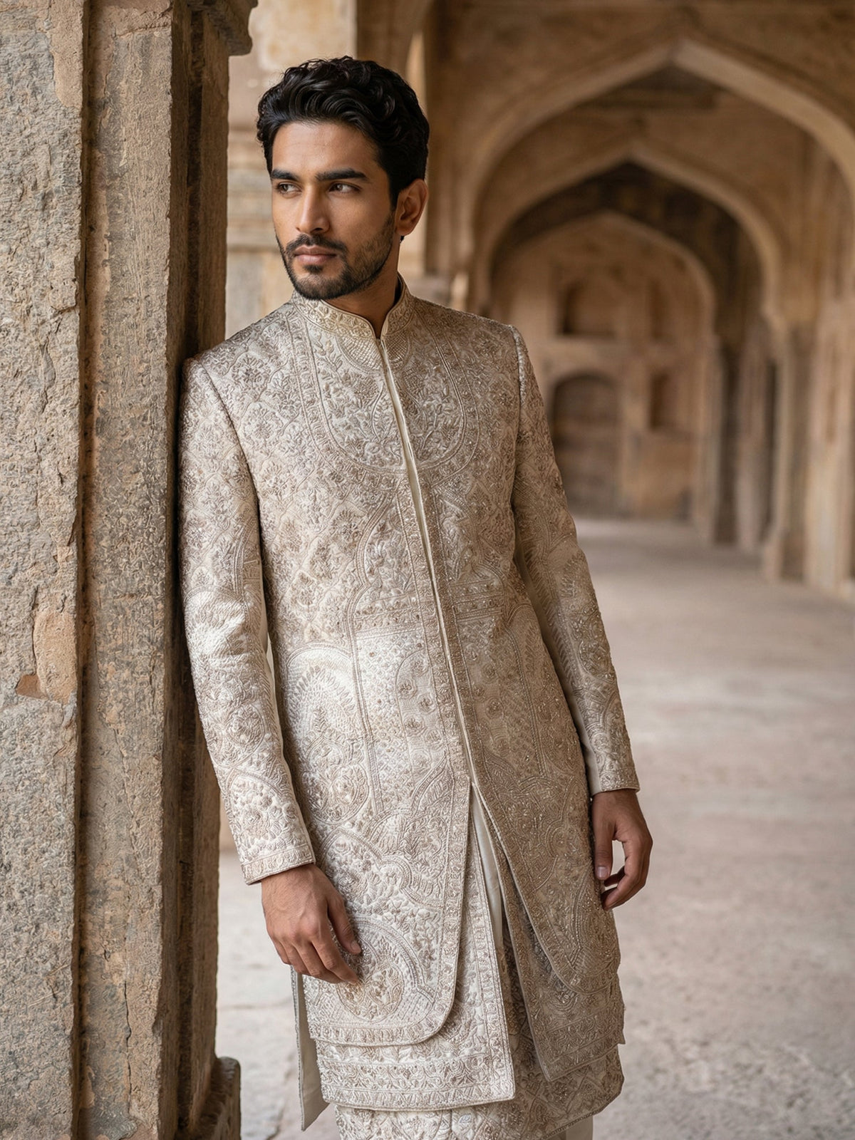 Premium Embroidered Silk Blend Sherwani Set ( 50JSH 106Cream L )