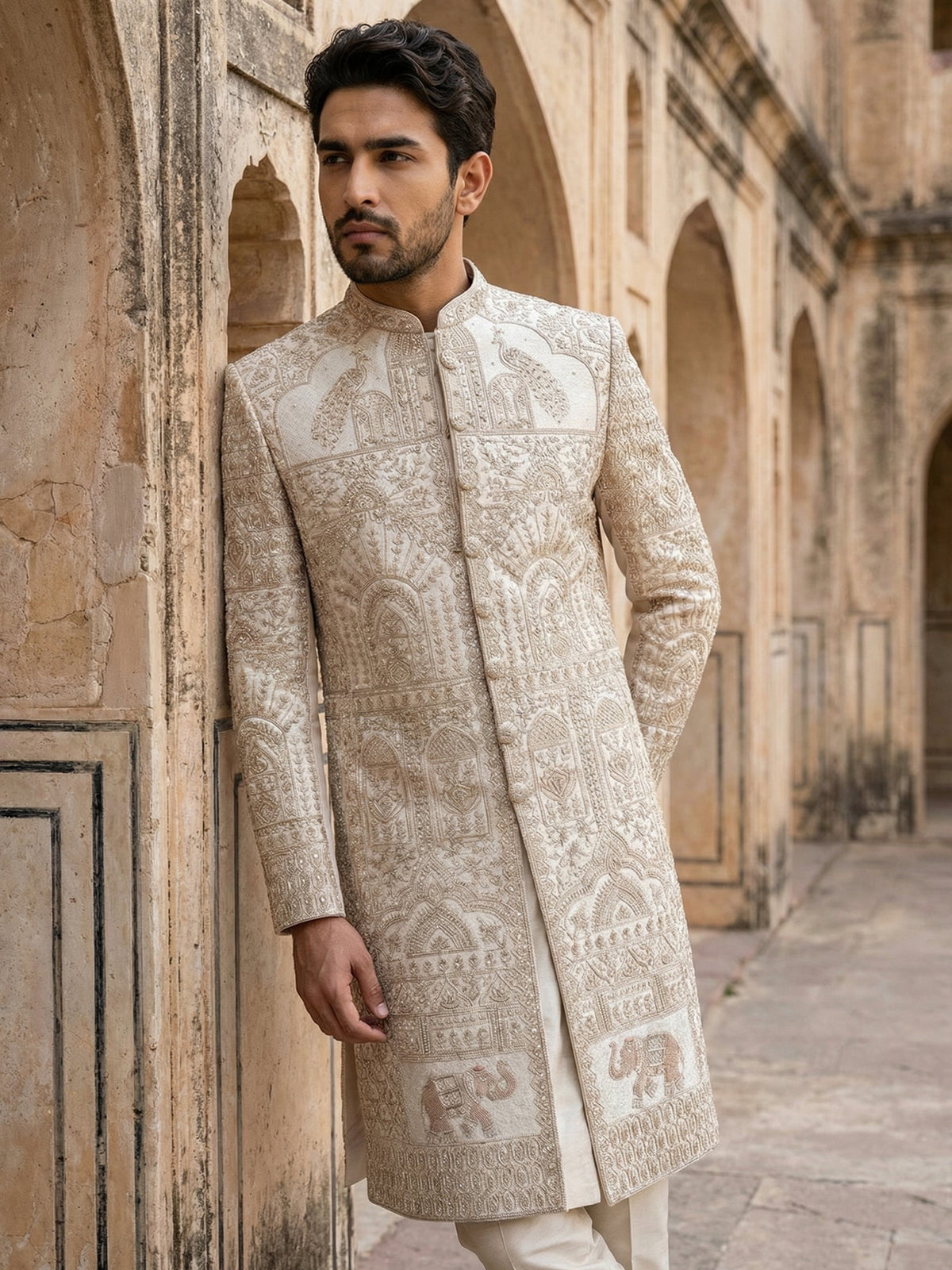 Designer Sherwani Set for Men ( 50JSH 107Golden L )