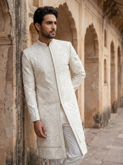 Men Jacquard Silk Blend Sherwani Set ( 50JSH 109Cream M )