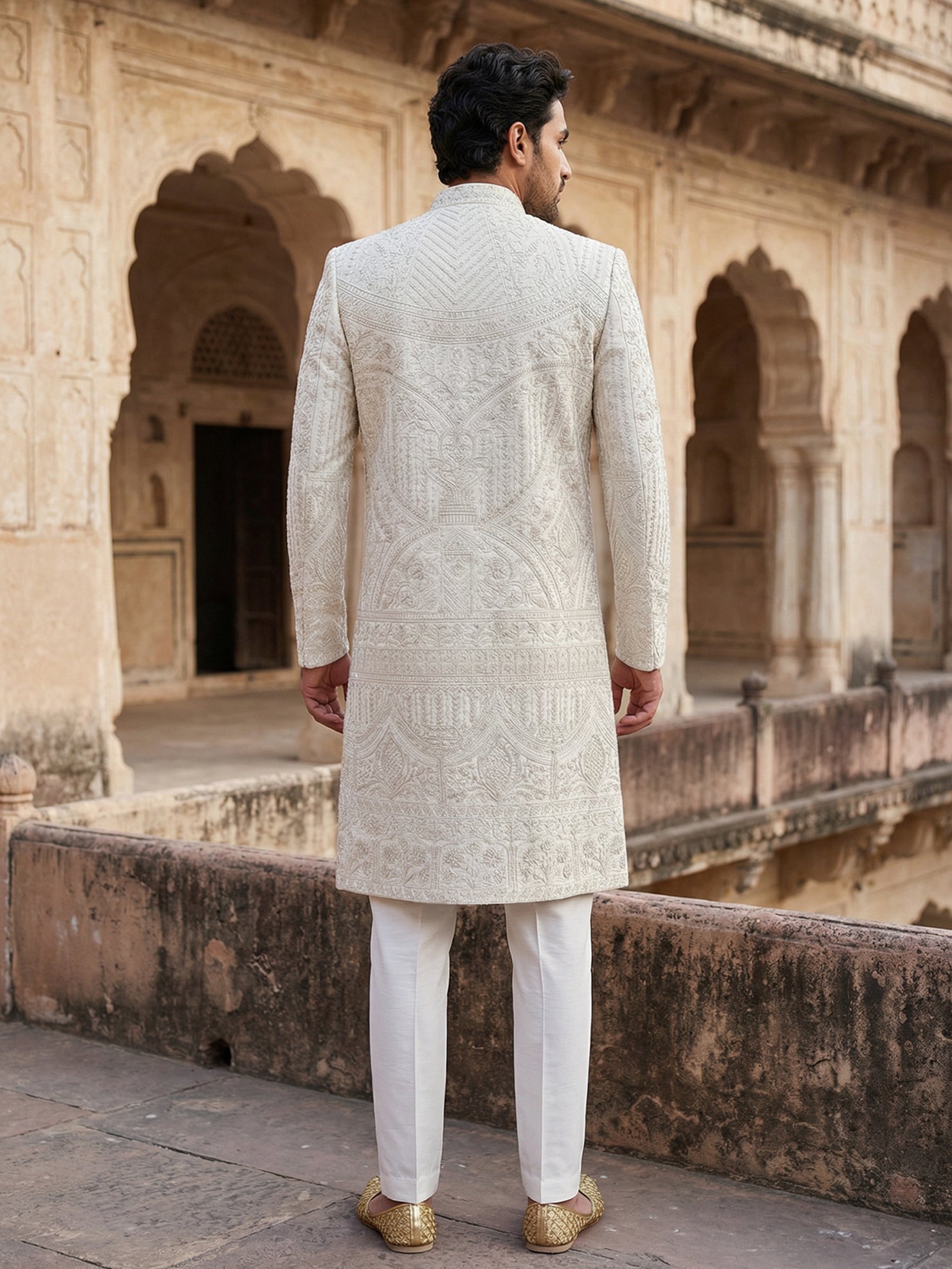DesiQlo Men Embroidered Indo Western Set - Beige - 50JSH_109Cream_M