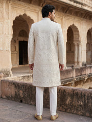 Men Jacquard Silk Blend Sherwani Set ( 50JSH 109Cream M )