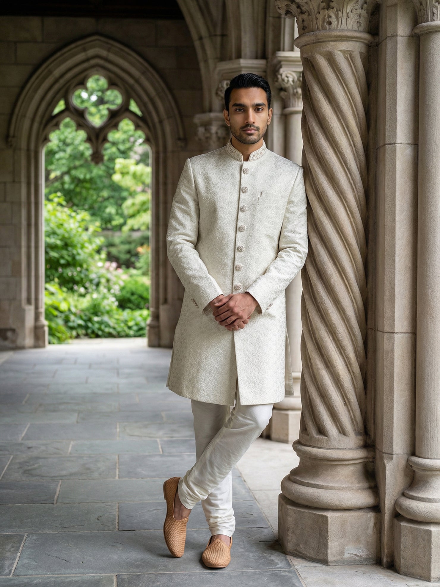 DesiQlo Men Embroidered Indo Western Set - Beige - 50JSH_112Cream_L