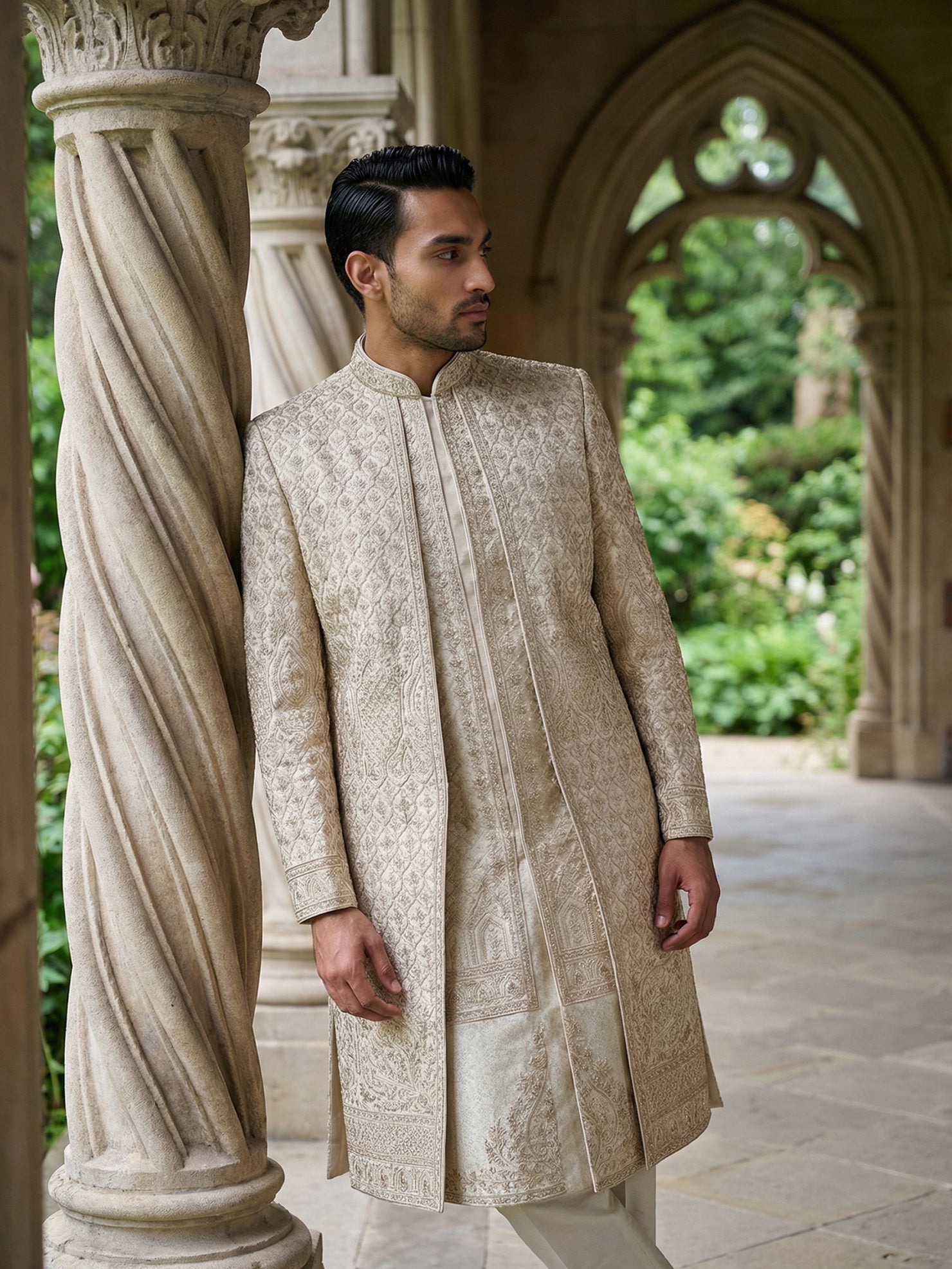 DesiQlo Men Embroidered Indo Western Set - Gold - 50JSH_113Golden_M