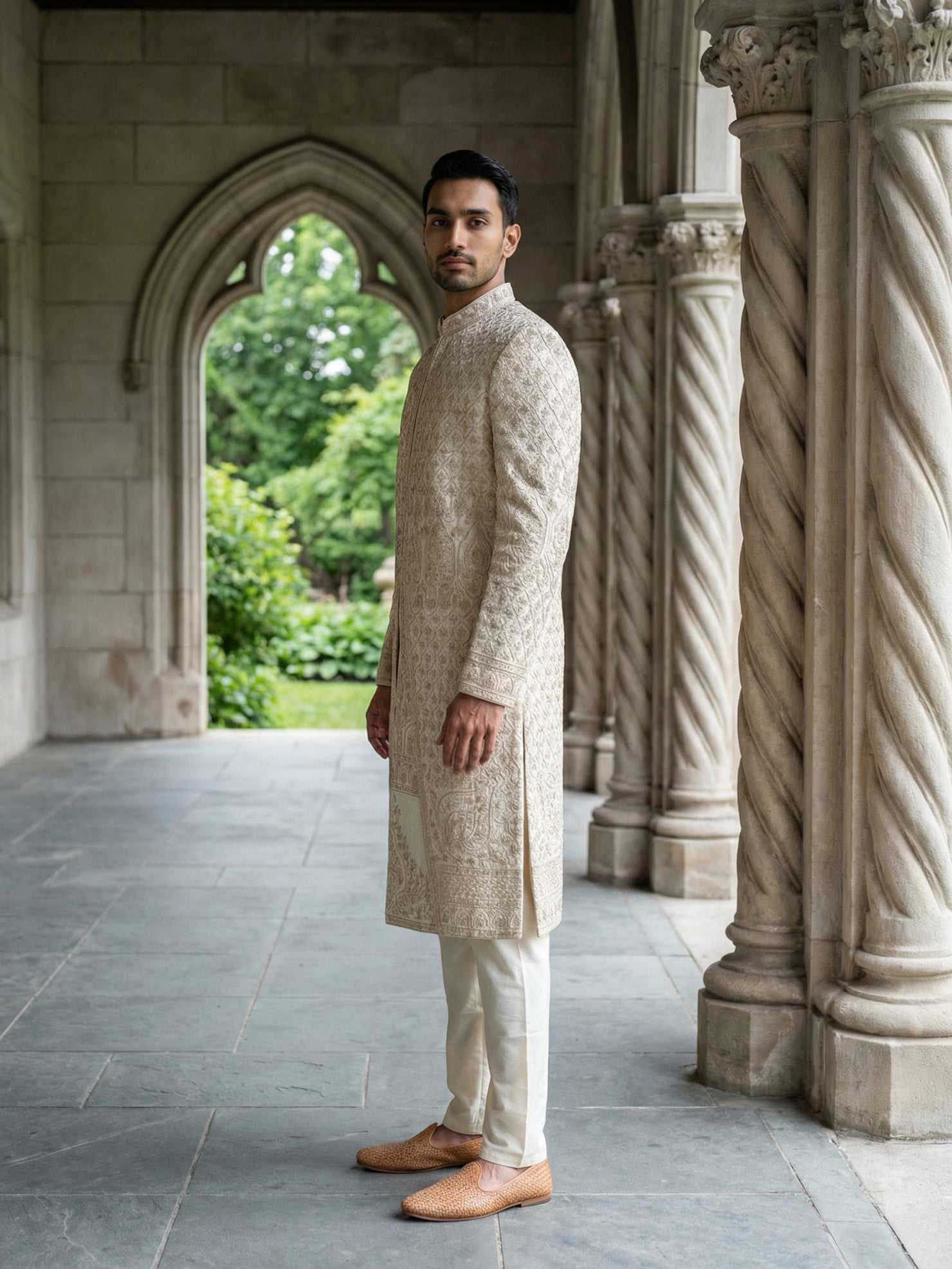 DesiQlo Men Embroidered Indo Western Set - Gold - 50JSH_113Golden_M