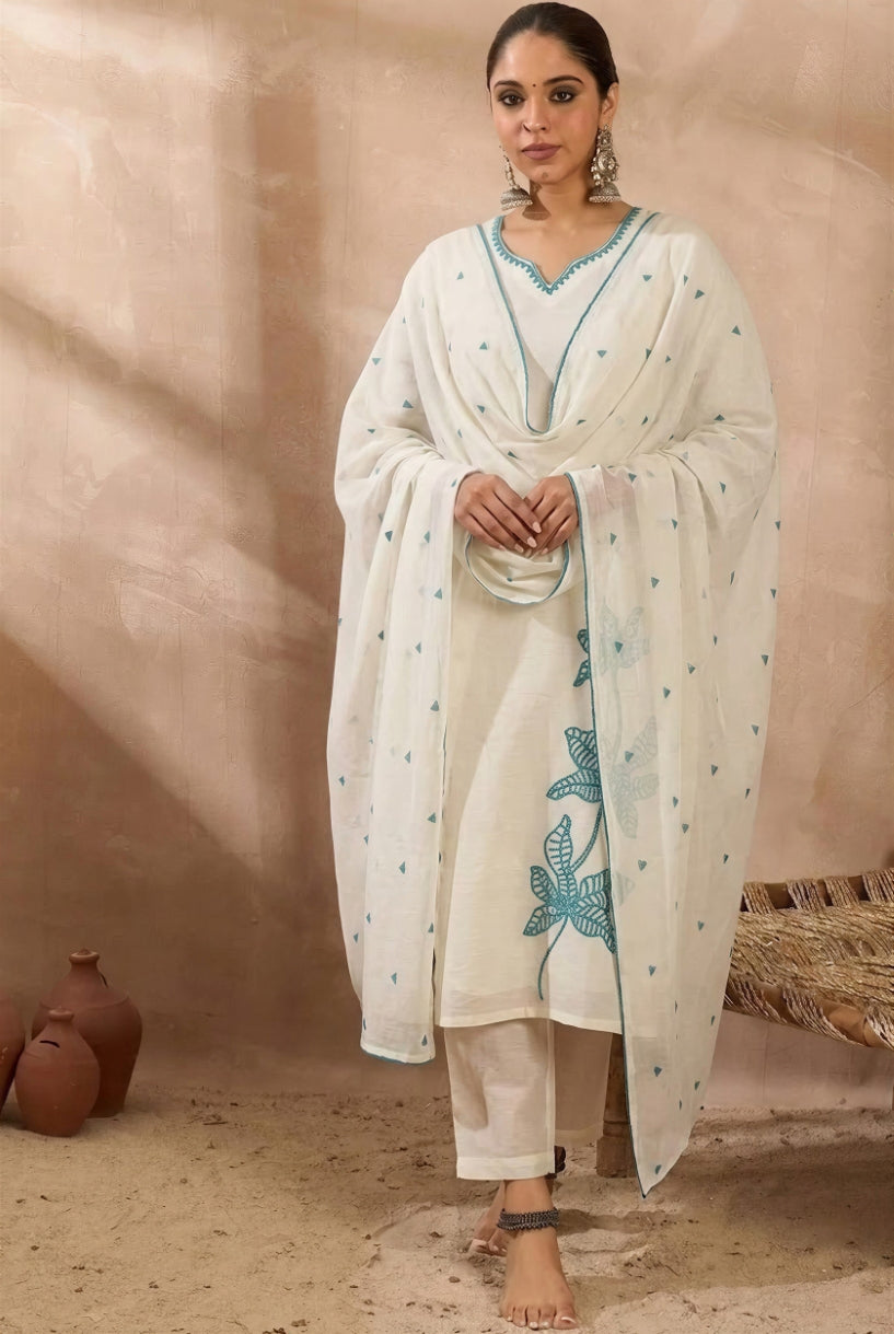 Cotton Blend Kurta Set for Women - White | MLWSHKS9294WHT | DesiQlo