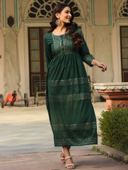 Women's Green Festive Embroiderd Flared Dress