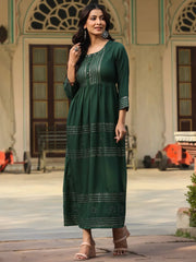Women's Green Festive Embroiderd Flared Dress