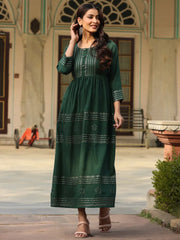 Women's Green Festive Embroiderd Flared Dress