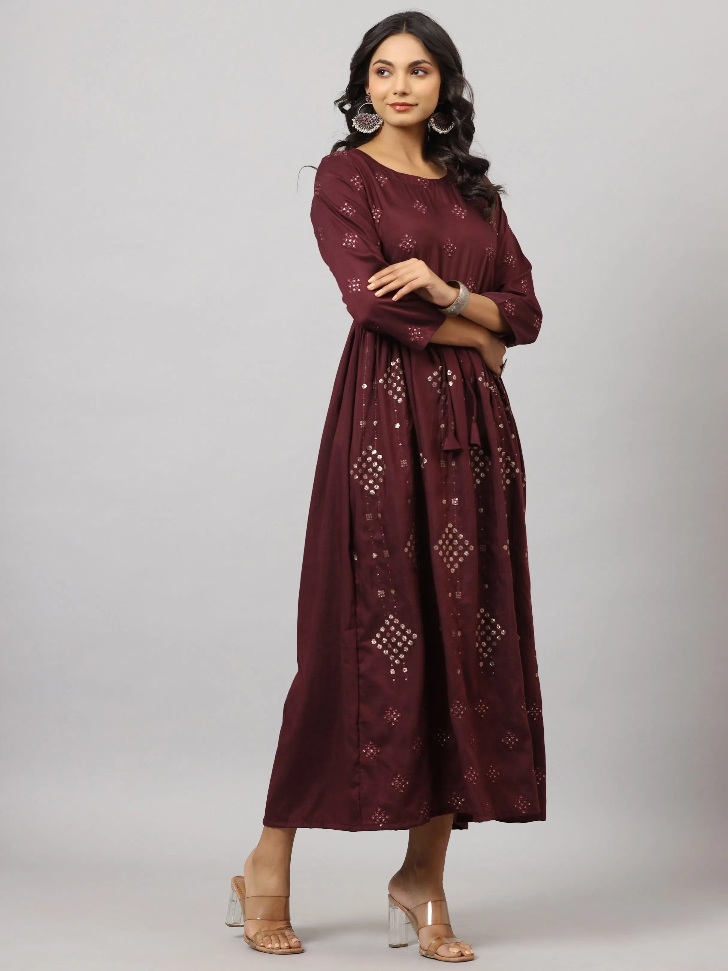 Women's Mauve Flared Dress | Indian Dresses Cotton Polyester