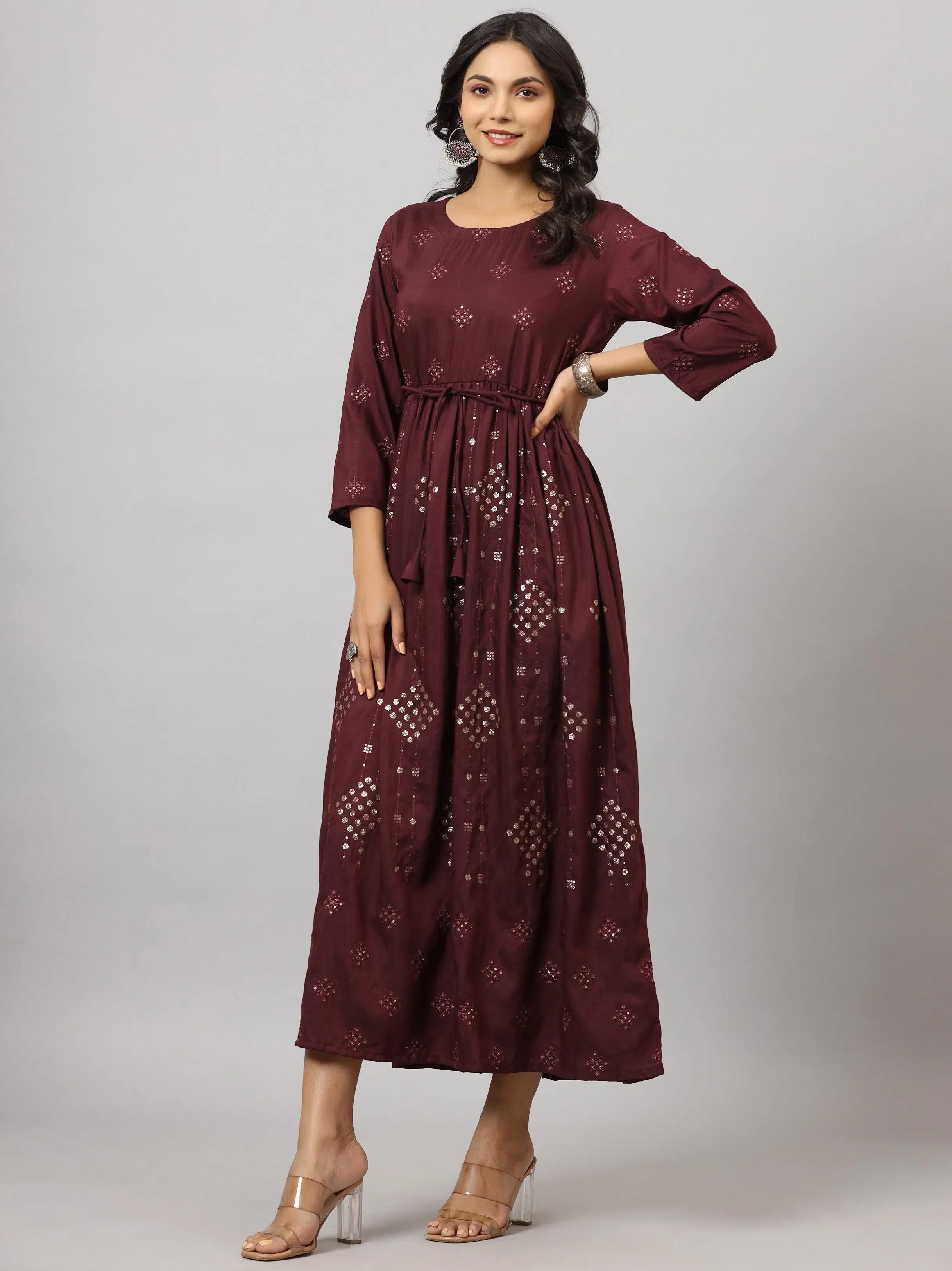 Women's Mauve Flared Dress | Indian Dresses Cotton Polyester