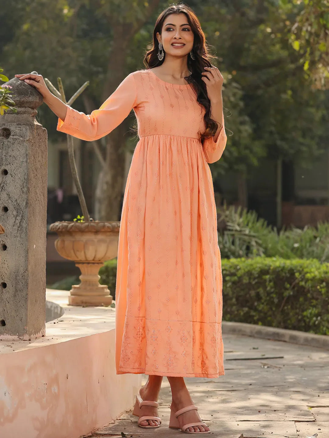 Peach Embroidered Flared Dress - Women's Western Clothing