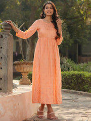 Women's Peach Festive Embroiderd Flared Dress