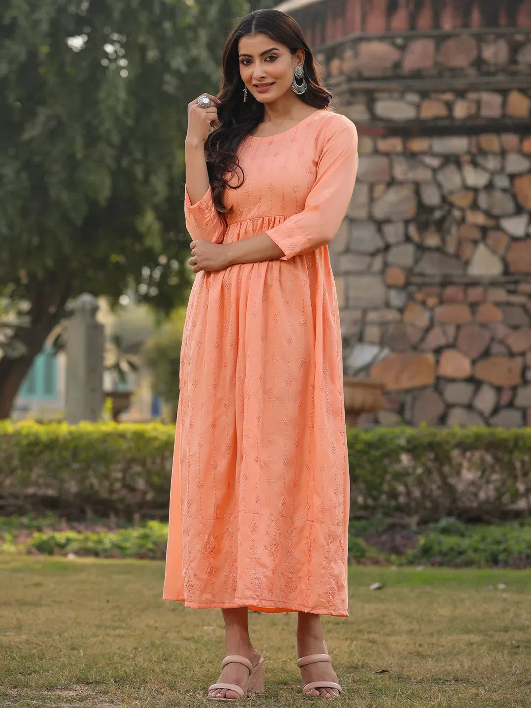 Peach Embroidered Flared Dress - Women's Western Clothing Peach Embroidered Flared Dress - Women's Western Clothing