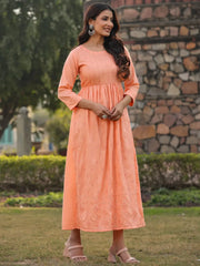 Women's Peach Festive Embroiderd Flared Dress