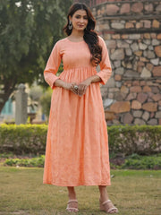 Women's Peach Festive Embroiderd Flared Dress