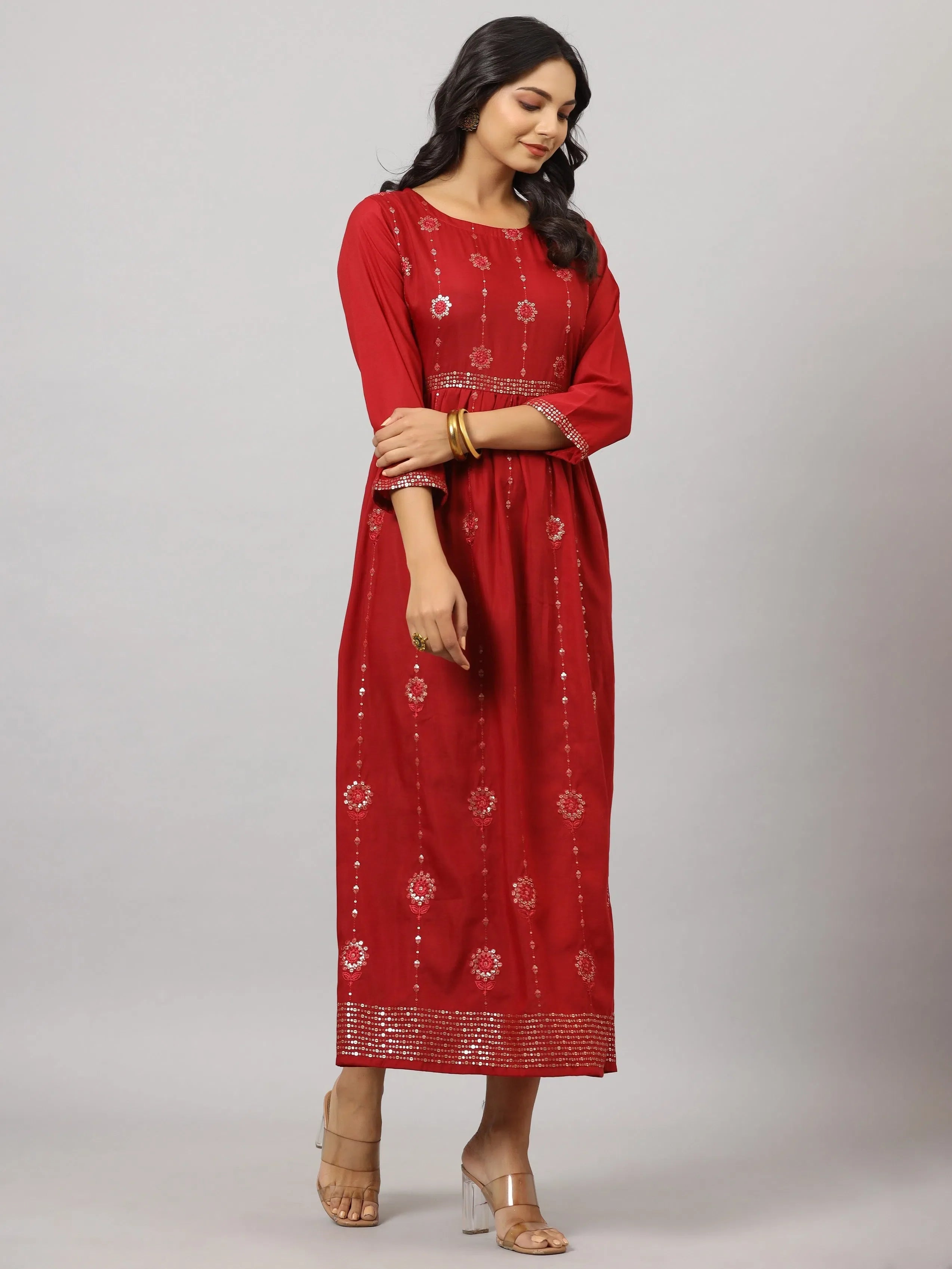 Women's Maroon Flared Dress | Festive Indian Cotton Dresses