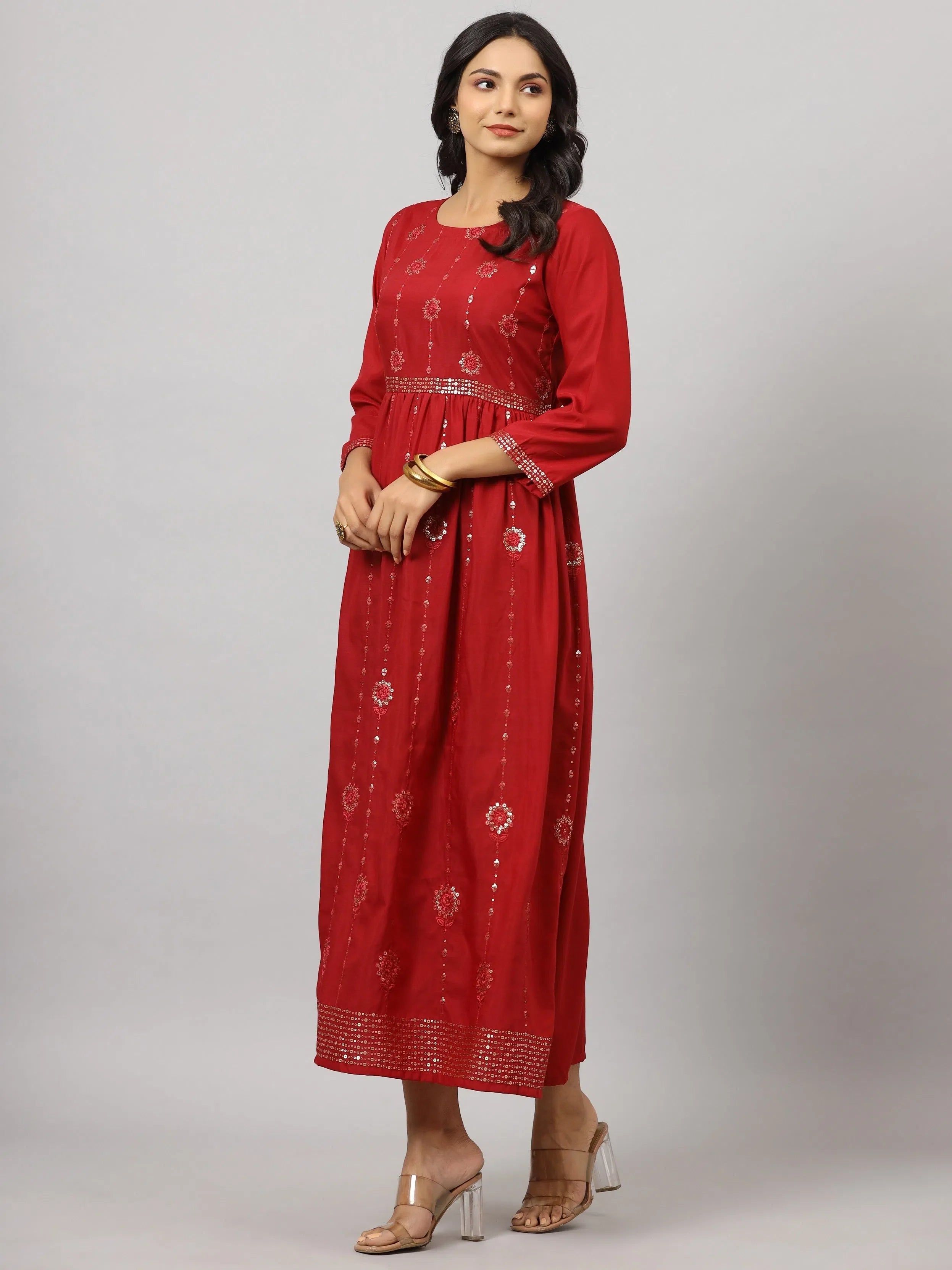 Women's Maroon Flared Dress | Festive Indian Cotton Dresses