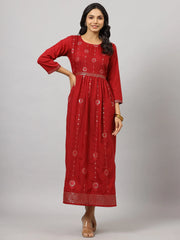 Women's Maroon Festive Printed Flared Dress
