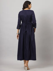 Women's Navy Festive Printed Flared Dress