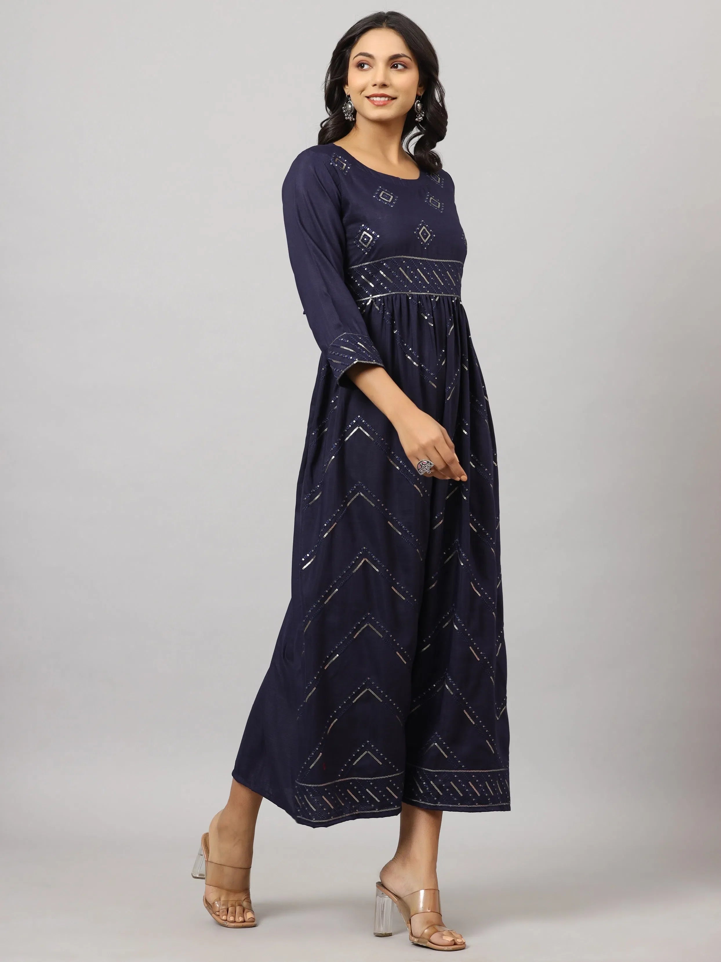 Navy Flared Dress - Women's Western Wear for Festive Events