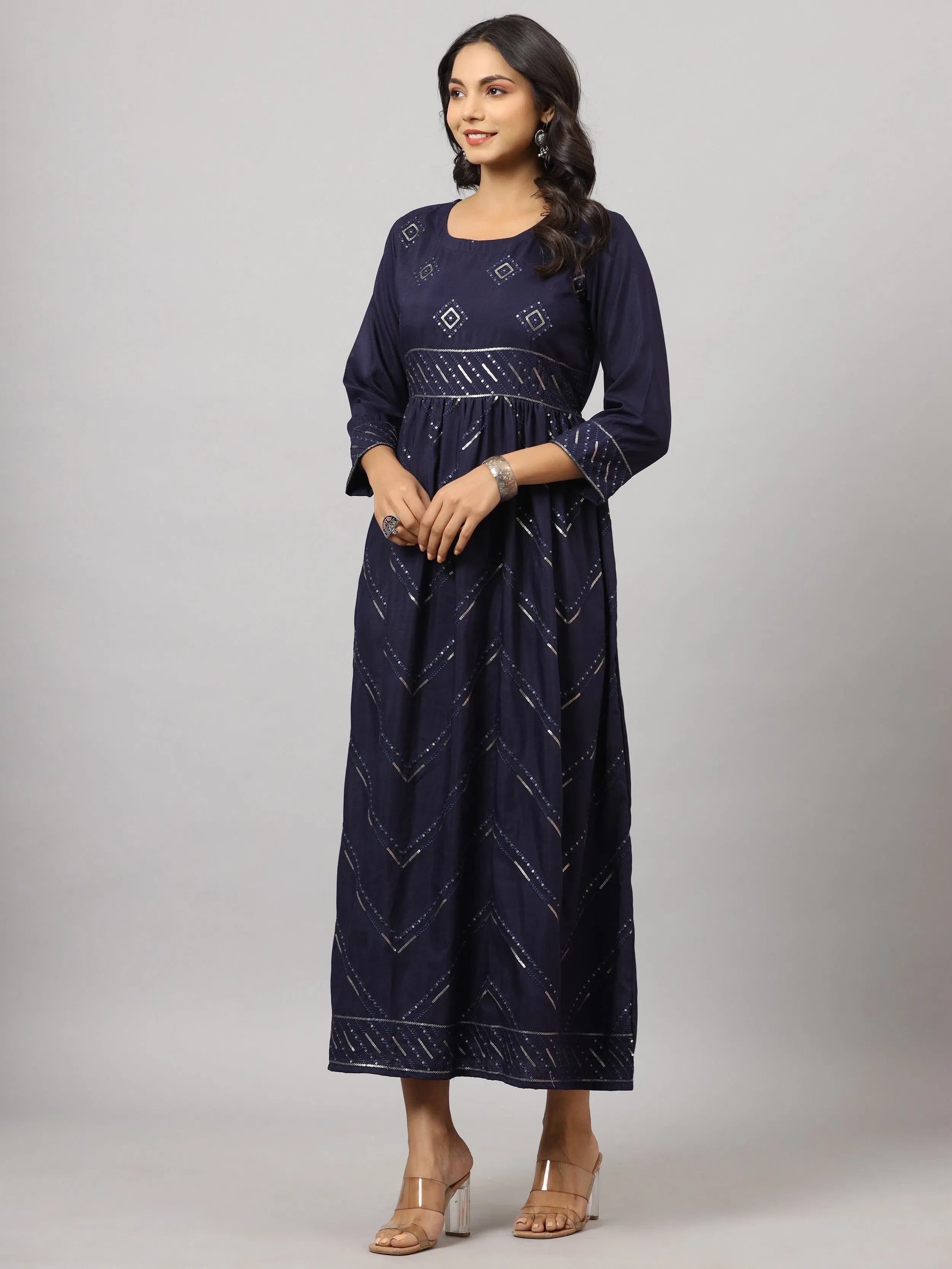 Navy Flared Dress - Women's Western Wear for Festive Events