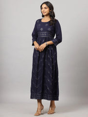 Women's Navy Festive Printed Flared Dress