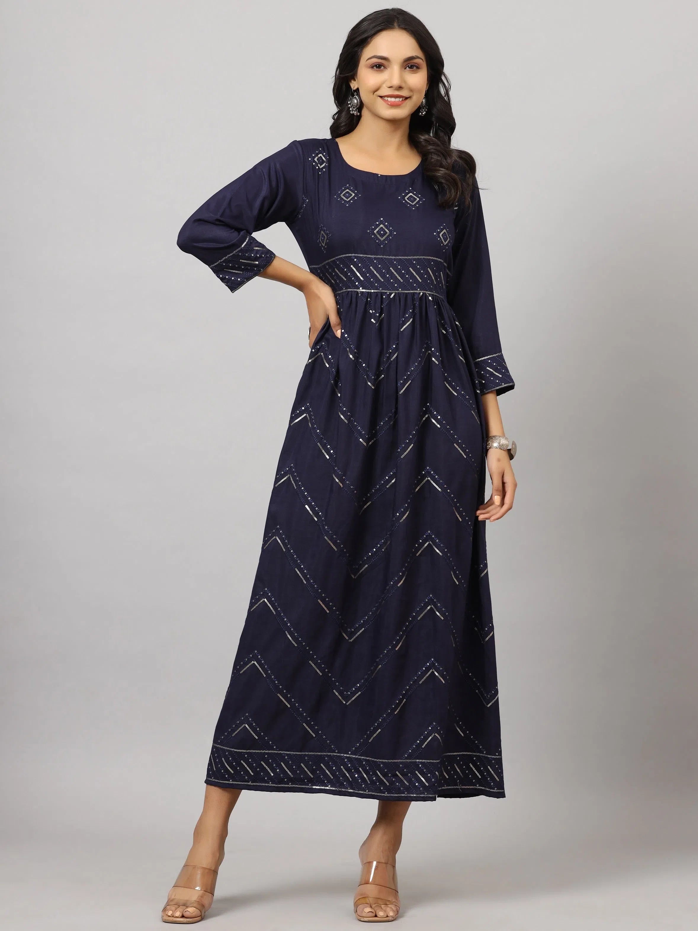 Navy Flared Dress - Women's Western Wear for Festive Events