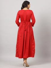 Women's Red Festive Printed Flared Dress