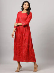 Women's Red Festive Printed Flared Dress